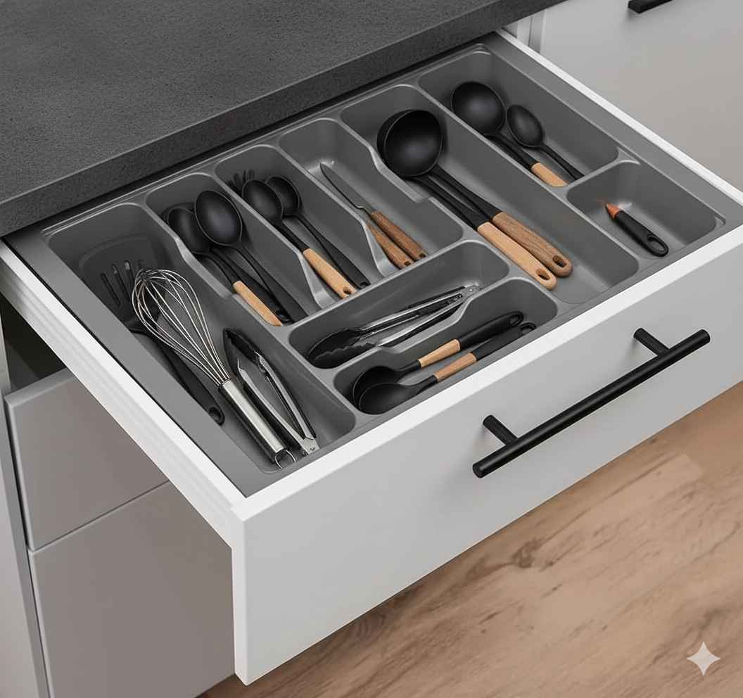 Cutlery tray organizer in drawer
