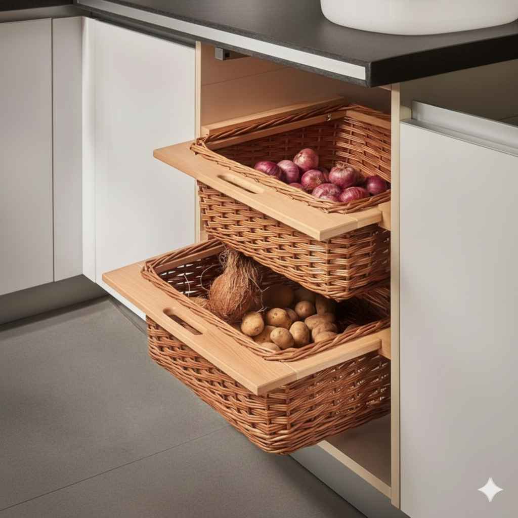 Wicker basket storage in modular kitchen